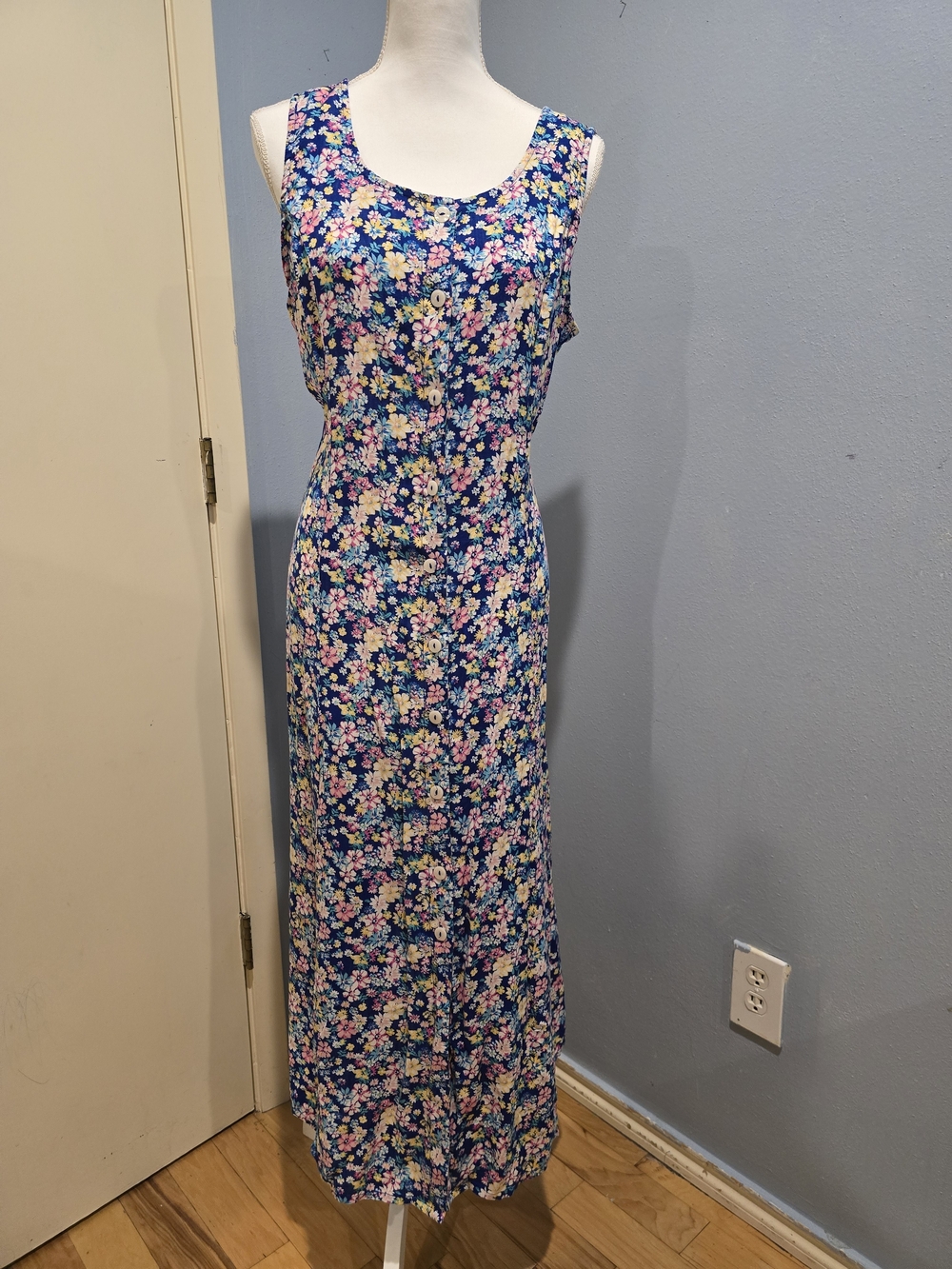 Blair Blue Floral Sleeveless Maxi Dress with Pink & Yellow Blossoms